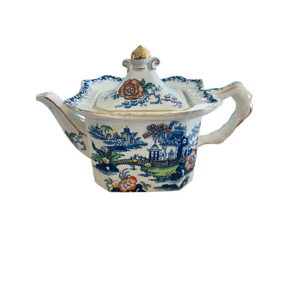 Vintage Staffordshire England Ironstone Pagoda Chinoiserie Teapot Gold Trim